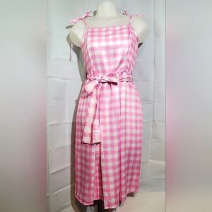 Pink & White Gingham Strappy Fit & Flare Barbie Dress with Belt/Tie - Large